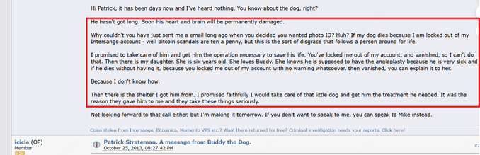 Bitcointalk post from icicle, a message from Buddy the dog, October 25, 2013